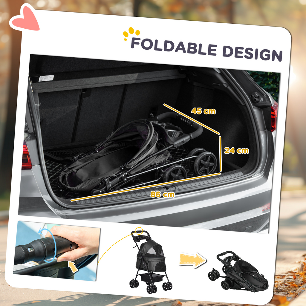 PawHut Foldable Pet Stroller with Brakes, Canopy & Mesh Front - Black