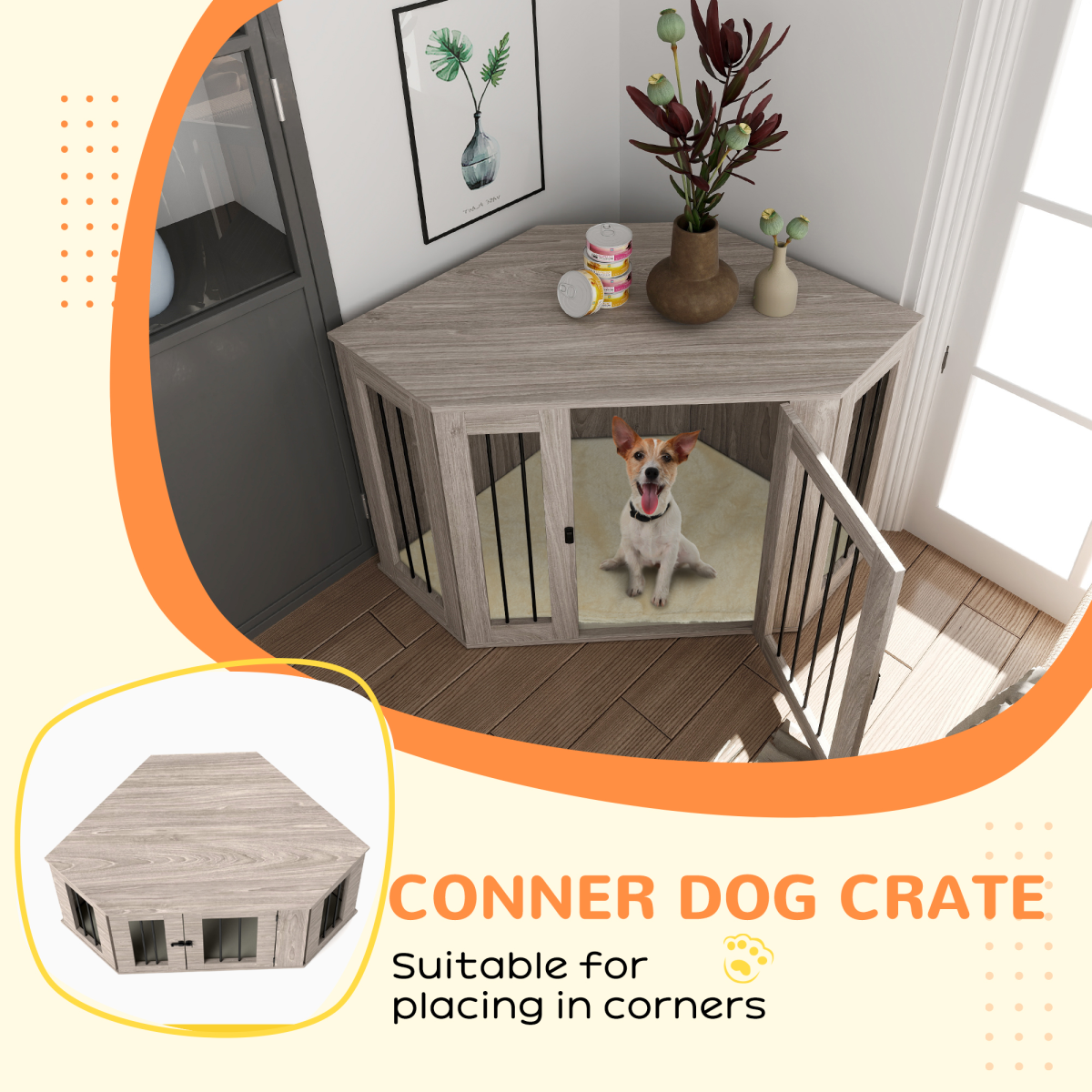Walnut Brown Dog Crate Side Table for Large Dogs, Cushioned and Safe