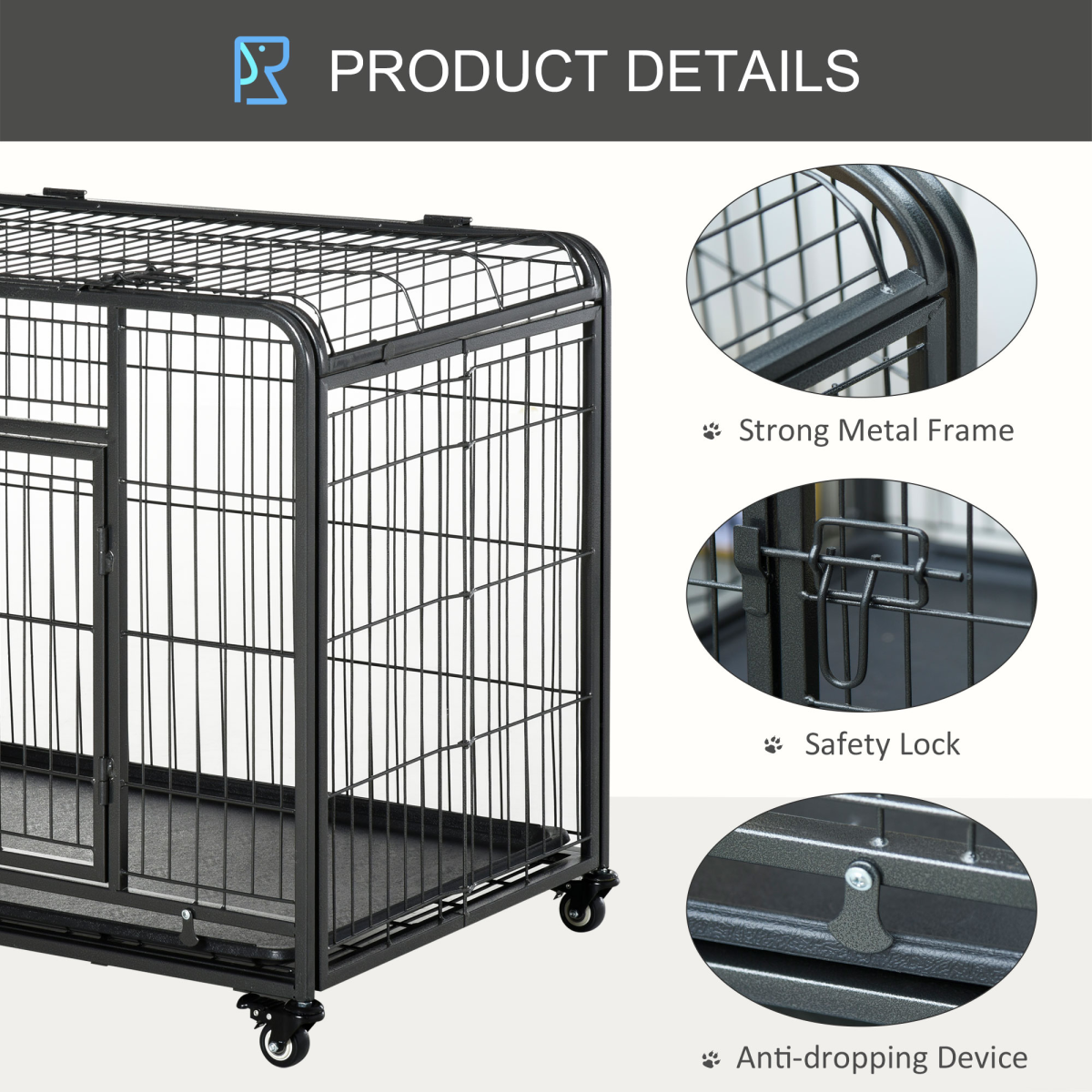 PawHut Metal Dog Cage Kennel 69.5x94cm with Locking Door & Wheels