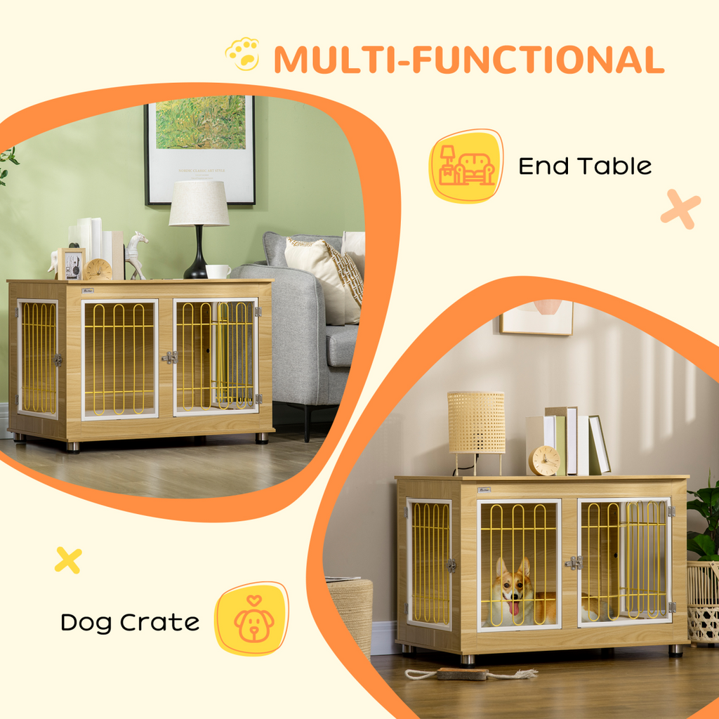 Oak-Style Dog Crate End Table with Plush Cushion & Double Doors