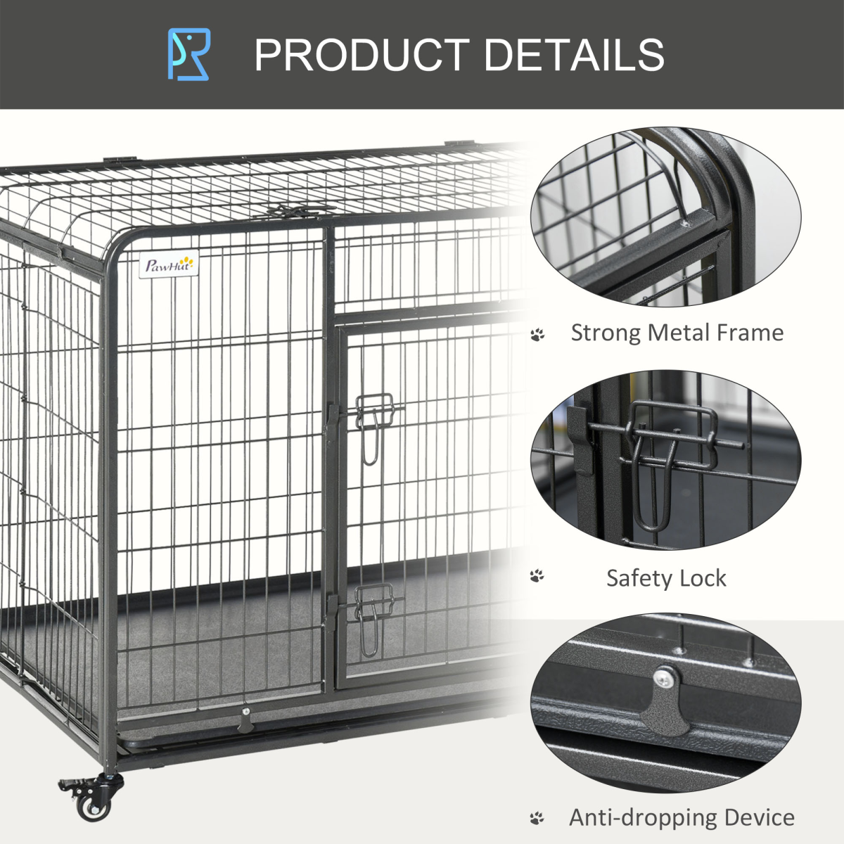81x125cm Pawhut Metal Dog Cage with Locking Door and Wheels Extra Large
