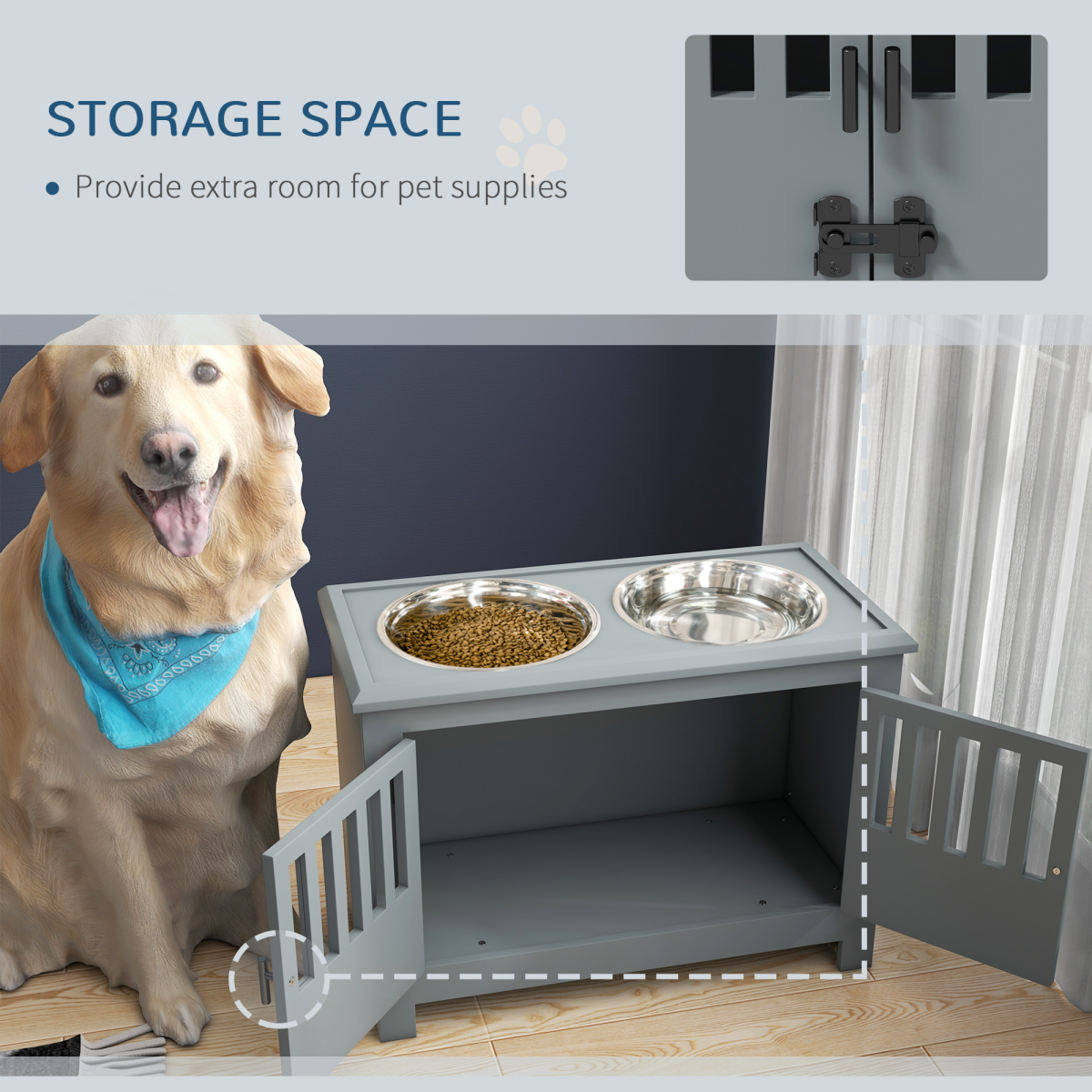 PawHut Elevated Dog Bowl Station for Large Dogs with Built-in Storage – Grey