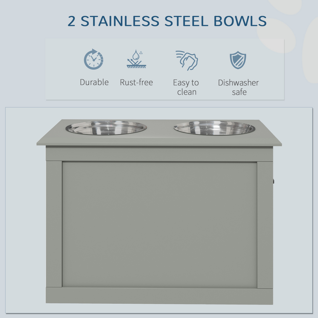 Grey Elevated Dual Pet Bowls with Storage Stand - Stainless Steel