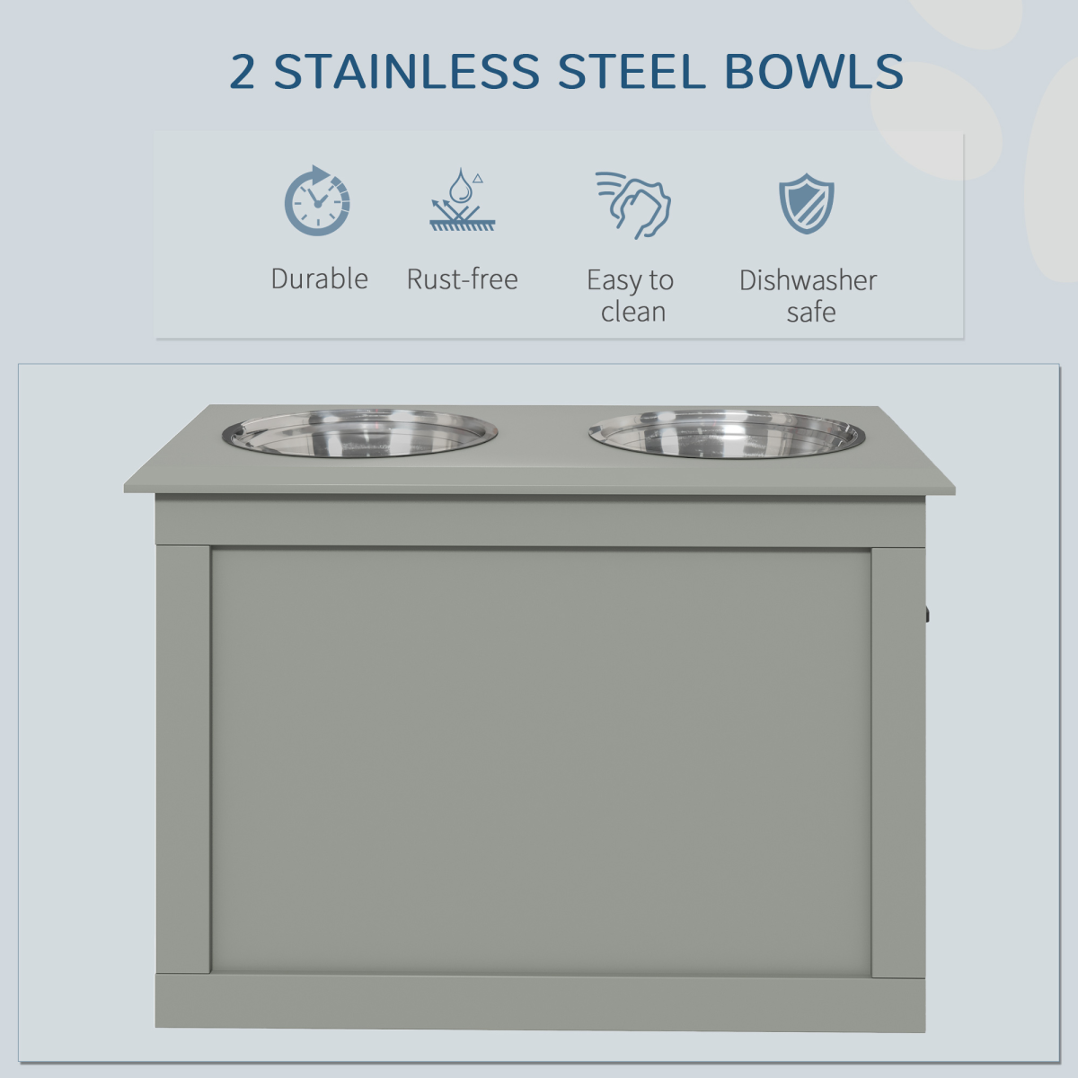 Grey Elevated Dual Pet Bowls with Storage Stand - Stainless Steel