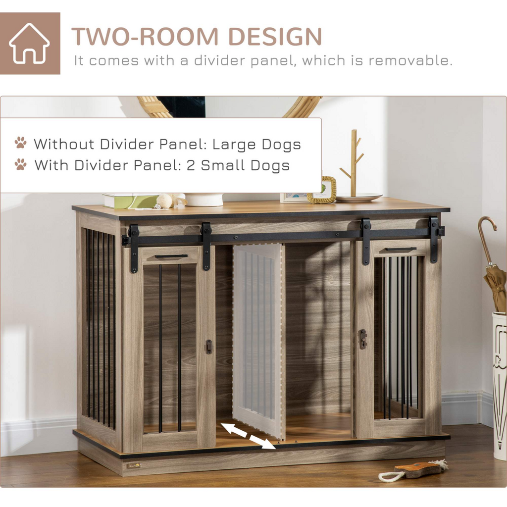 PawHut Oak-Tone 2-Room Dog Crate with Divider & Lockable Doors