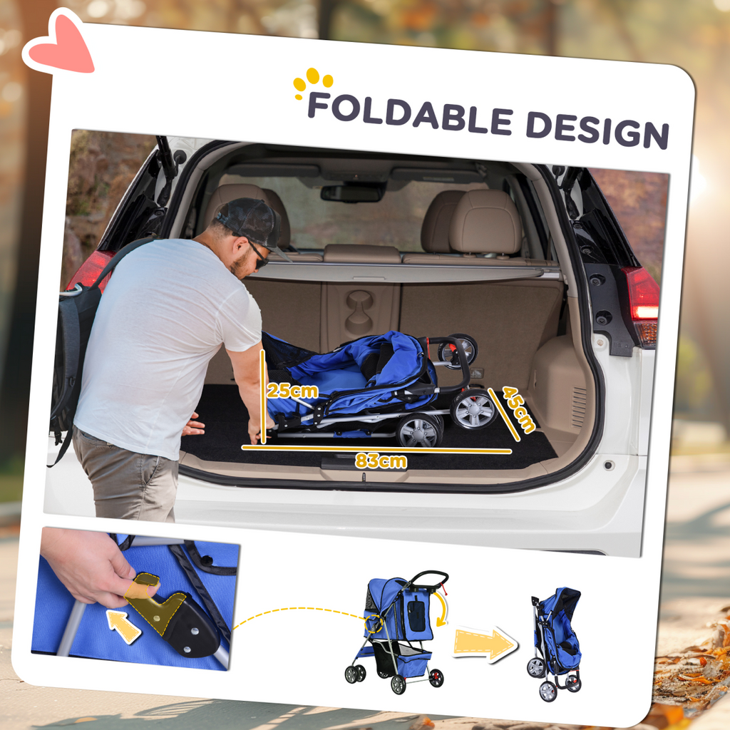 4-Wheel Pet Stroller for Small Dogs & Cats - Foldable, Leash Inside, Mesh Windows