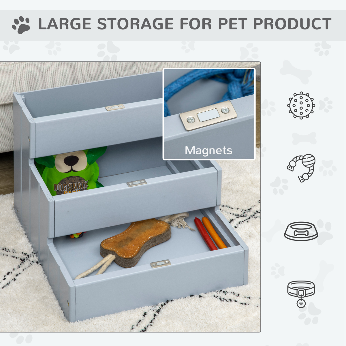 Pawhut 3-Step Wooden Dog Stairs with Hidden Storage, Grey