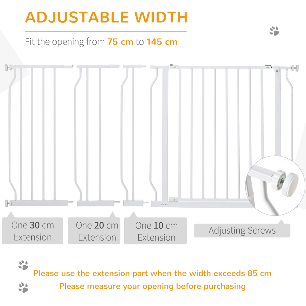 White Adjustable Pet Safety Gate - Metal Dog Barrier for Doorways