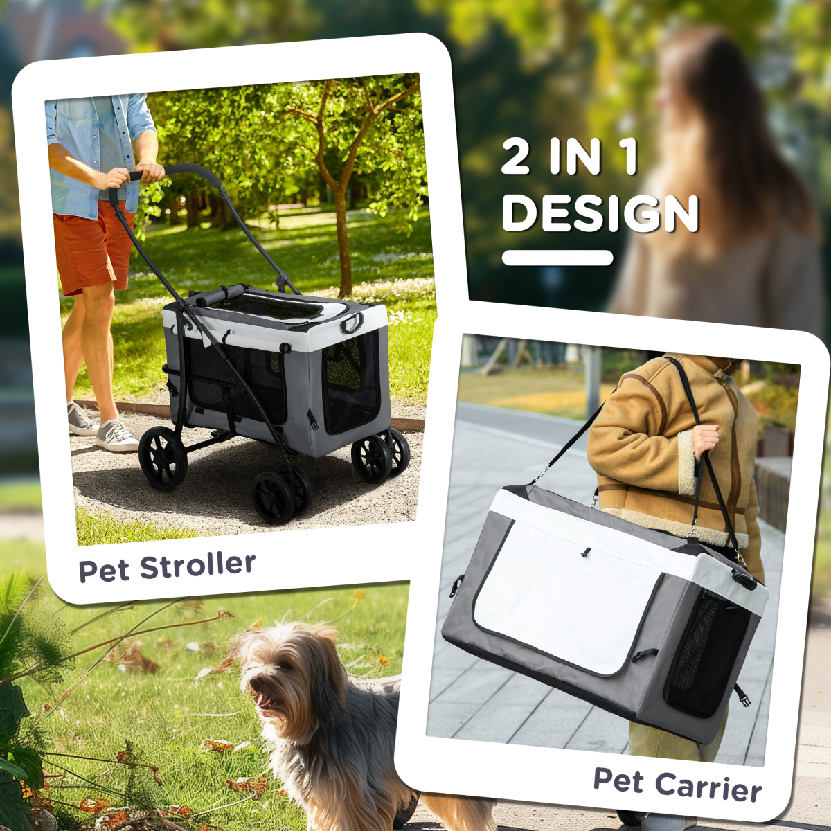 PawHut Foldable Pet Stroller with Detachable Carrier - Soft Padding Grey