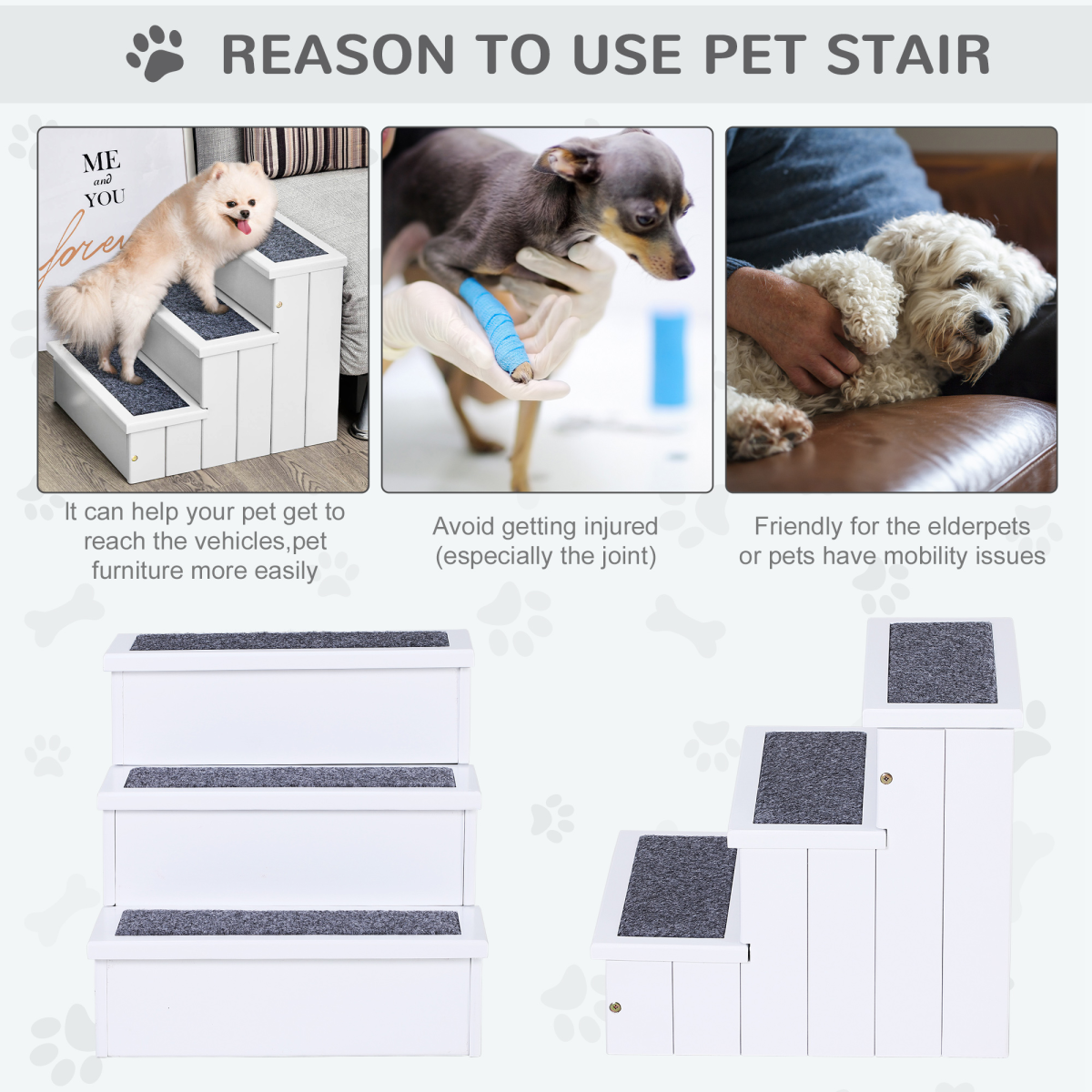 3-Step Wooden Dog Steps with Hidden Storage - Pawhut Pet Stairs for Bed