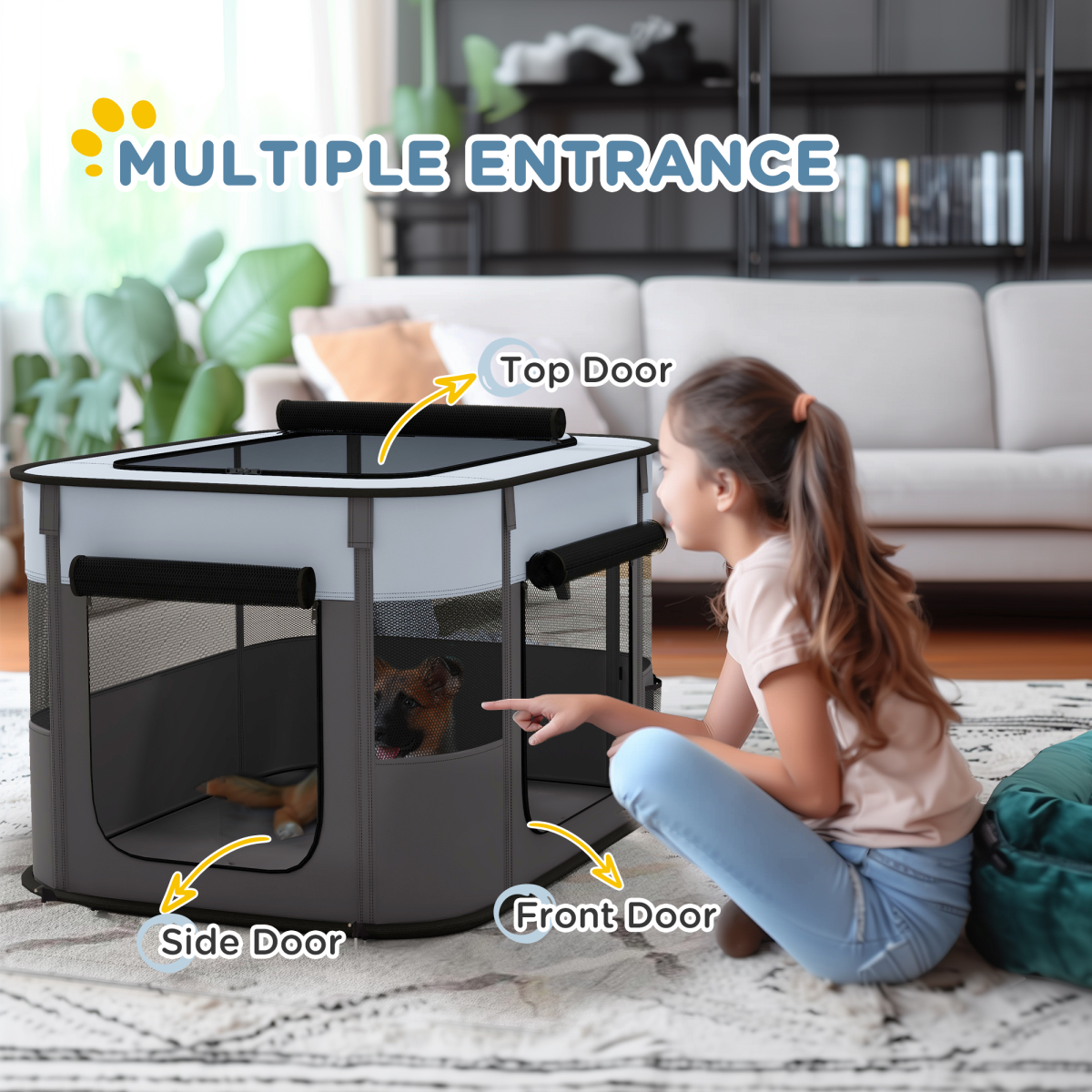 PawHut Portable Pet Playpen - Foldable, Multi-Door, 84x64x53 cm (Grey)