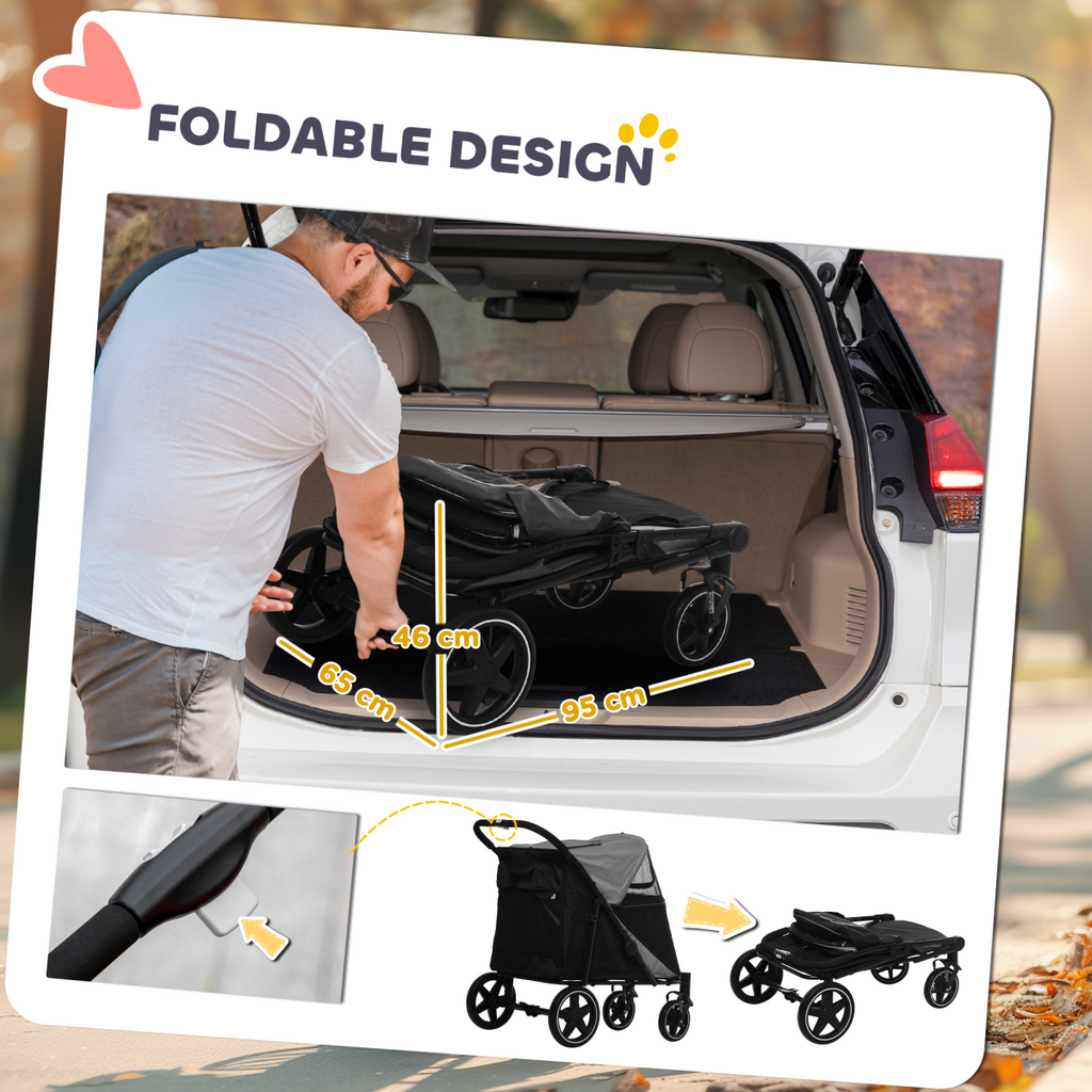 PawHut Foldable Dog Carriage with Universal Wheels & Shock Absorber - Black