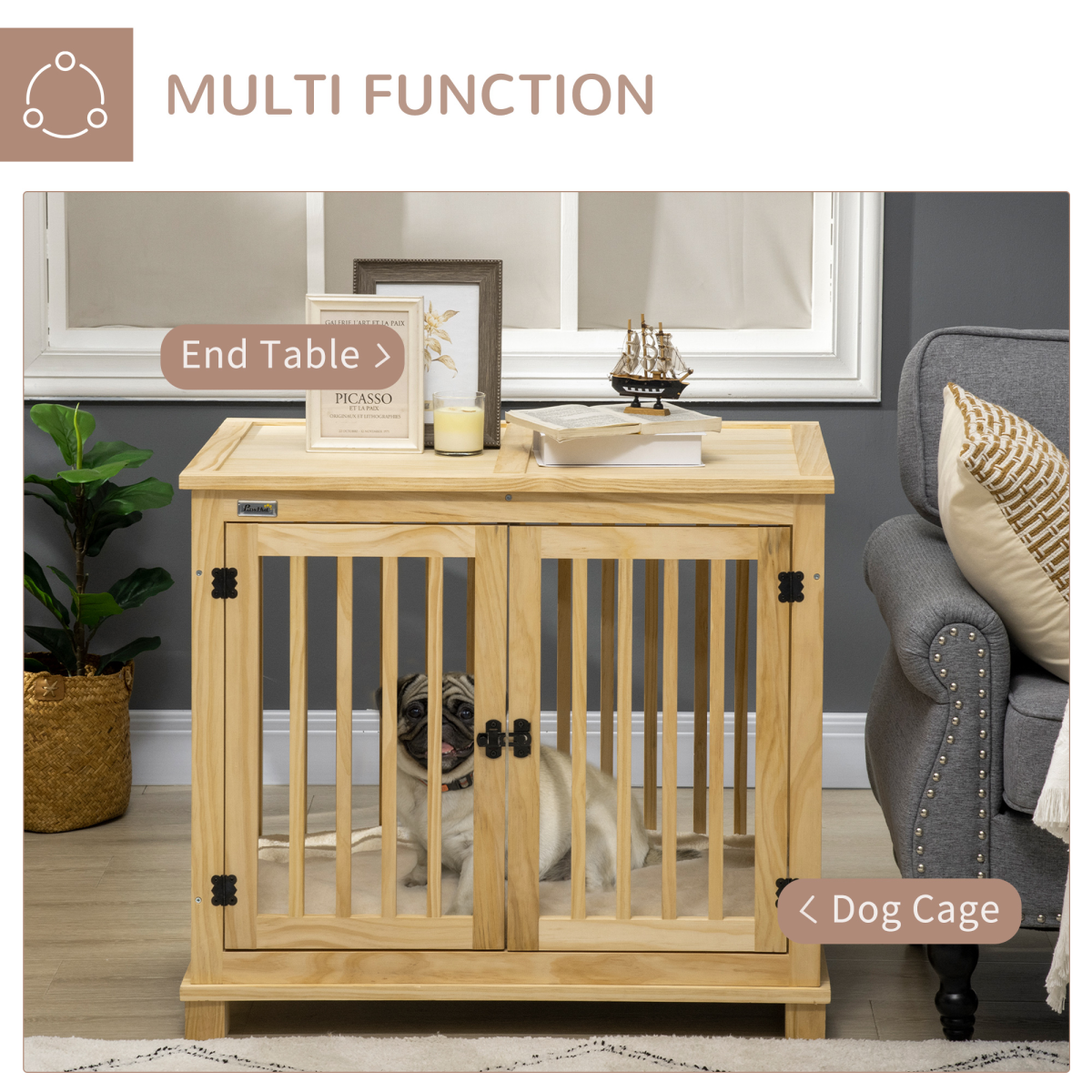 Wooden Dog Crate Furniture with Double Doors and Cushioned Pad - For Medium Dogs