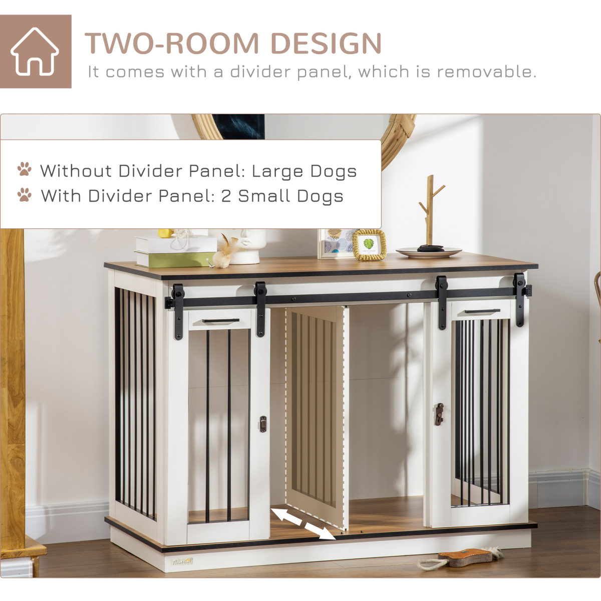 Dual-Dog Crate Furniture for Large & Small Dogs, White, Divider & Tabletop