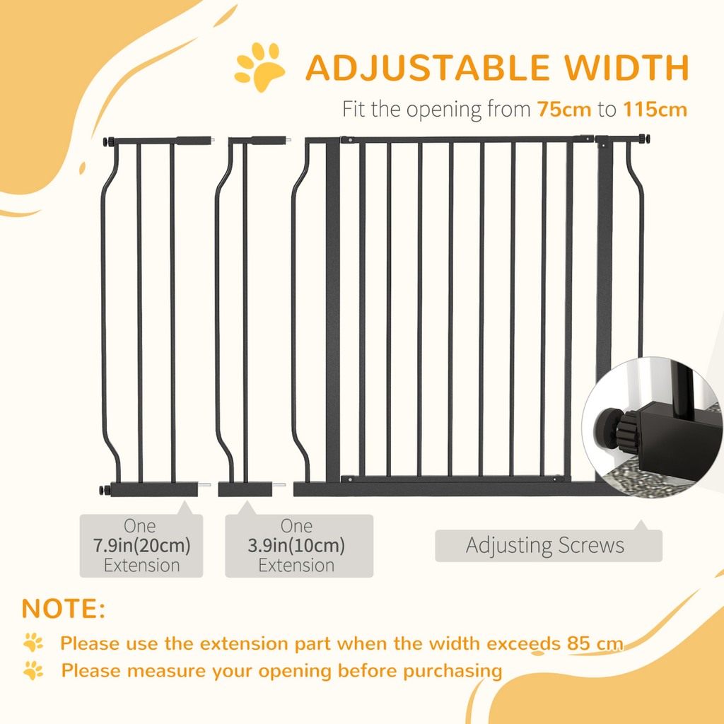 PawHut Wide Stair Dog Gate - Pressure-Fit, 75-115 cm, Black
