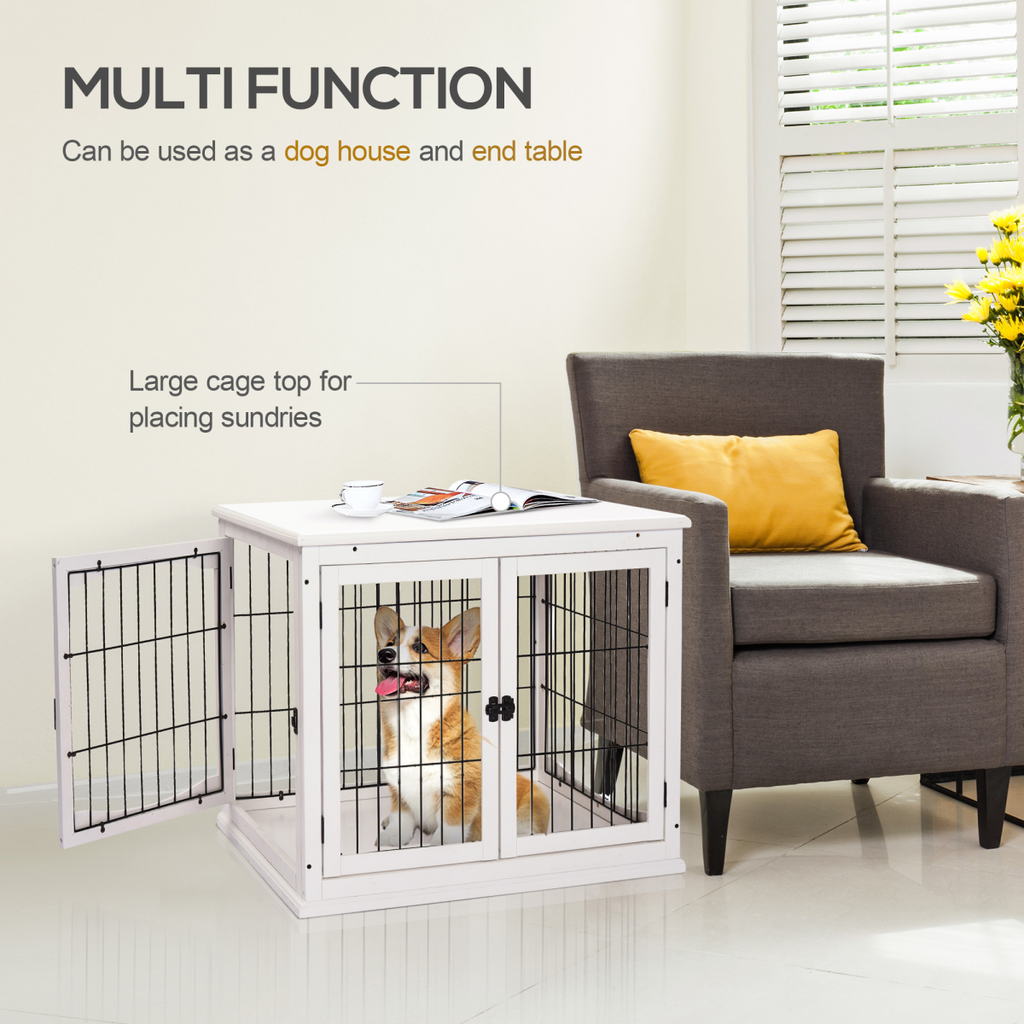 Wooden Dog Crate End Table with Metal Wire - Small Dog Cage, White