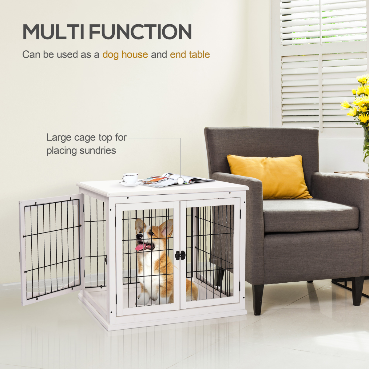 Wooden Dog Crate End Table with Metal Wire - Small Dog Cage, White