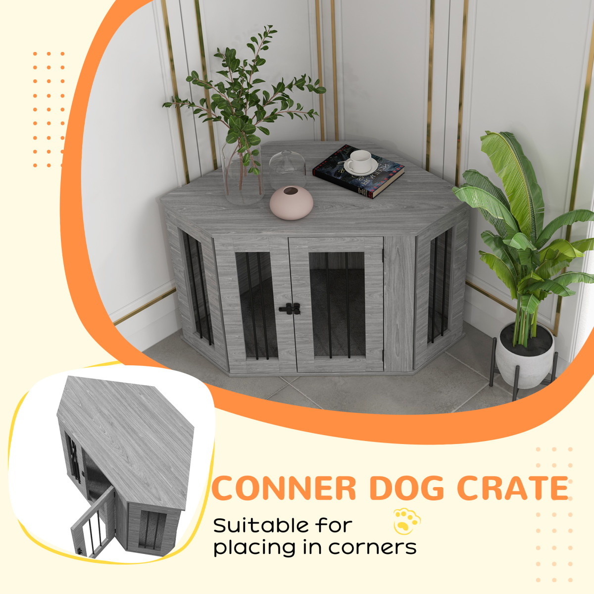 PawHut Dog Crate & Side Table for Medium Dogs, Large Door, Grey