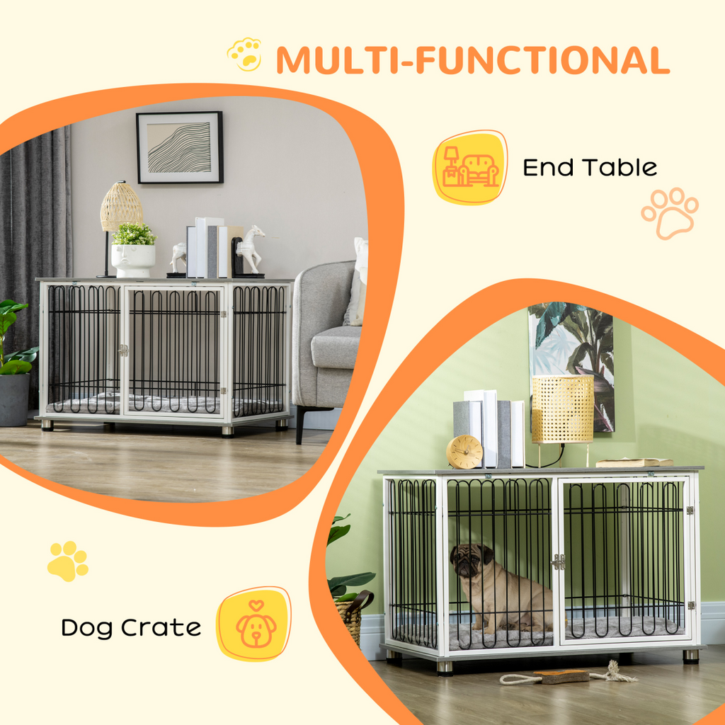 PawHut Dog Crate End Table — Soft Washable Cushion, Lockable Door