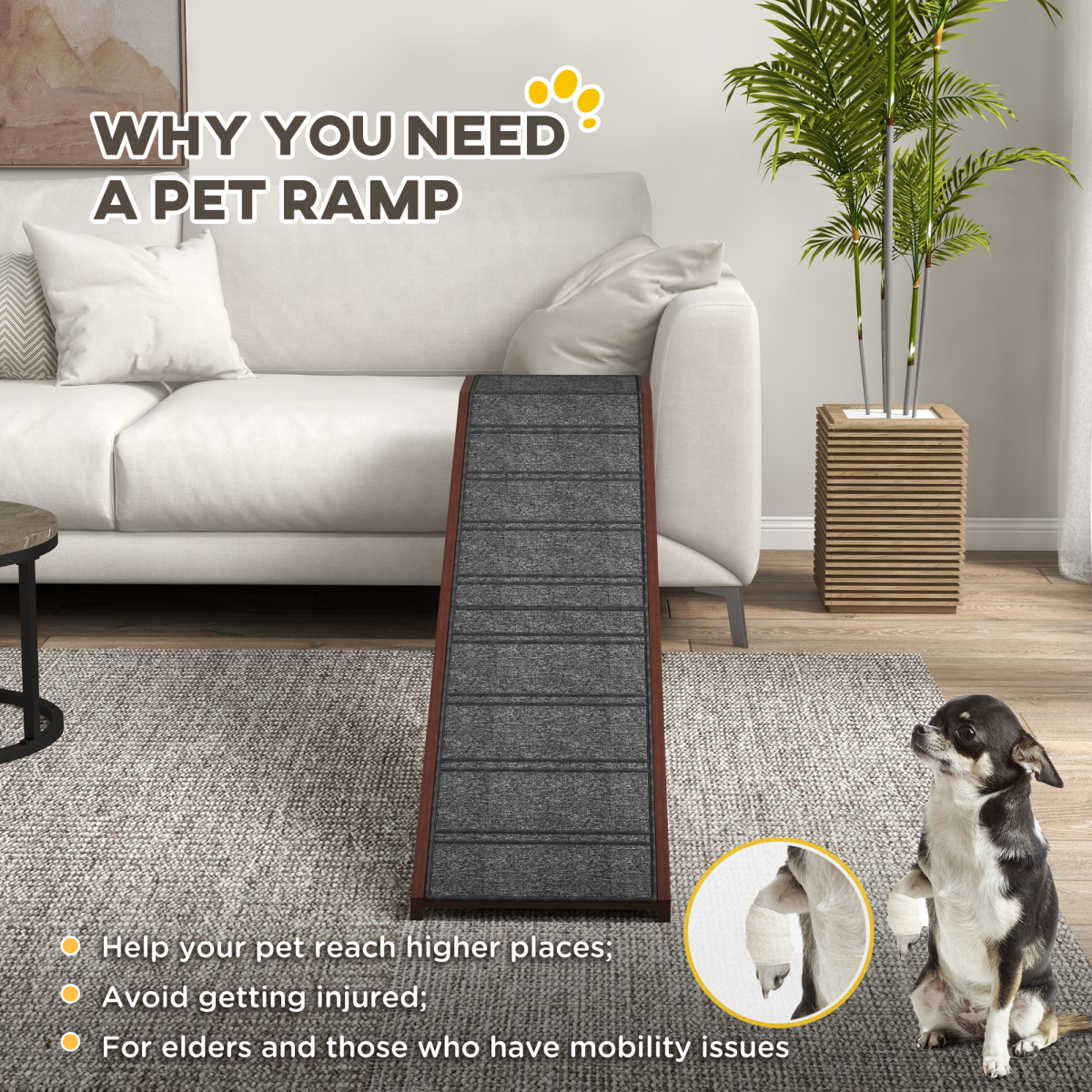 Non-Slip Pet Ramp for Dogs & Cats - Bed & Sofa Access, Pine Wood, Pawhut
