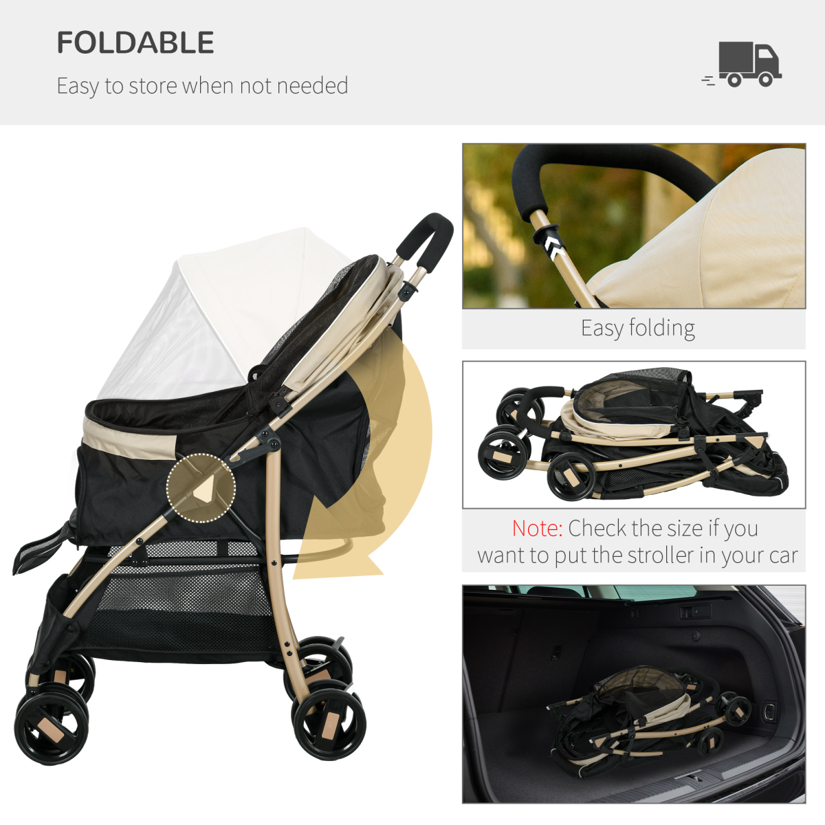 PawHut XS/S Dog Stroller with Rain Cover - Khaki, Adjustable Canopy