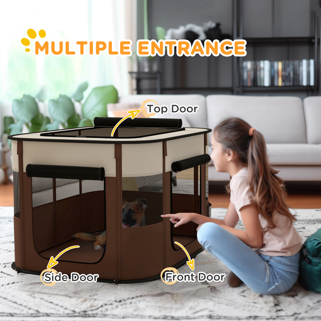 PawHut Portable Pet Pen for Small Animals - Brown, Foldable & Ventilated