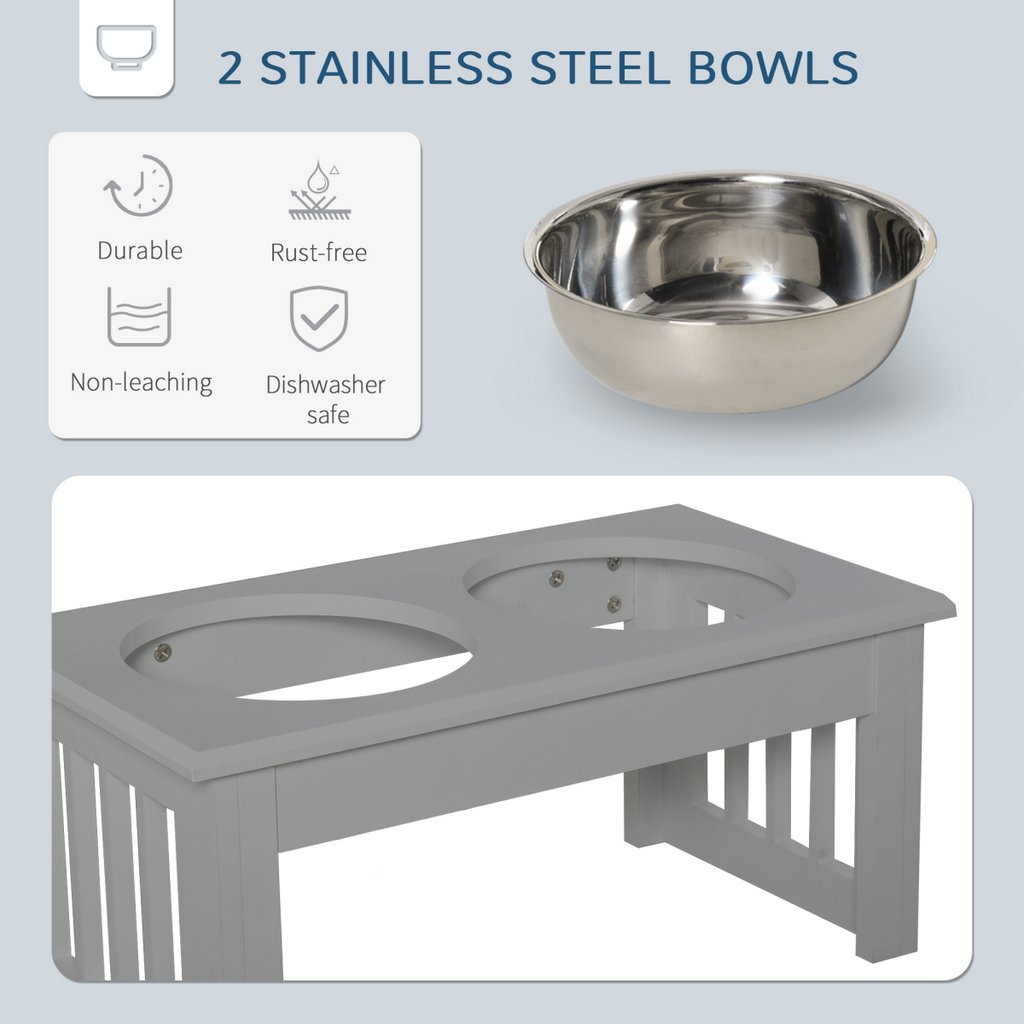 PawHut Double Bowl Raised Dog Feeder - Stainless Steel, Anti-Slip Grey