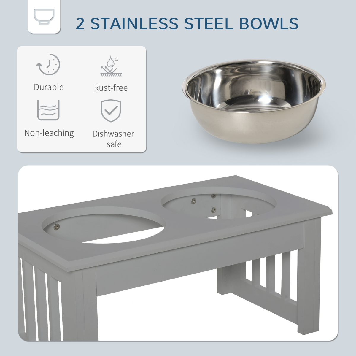 PawHut Double Bowl Raised Dog Feeder - Stainless Steel, Anti-Slip Grey