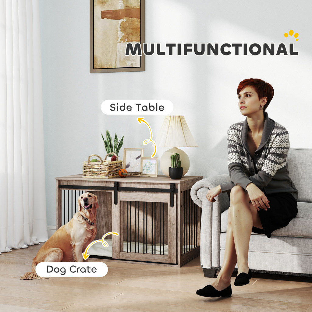 PawHut Large Dog Crate & Side Table with Removable Cushion - Brown