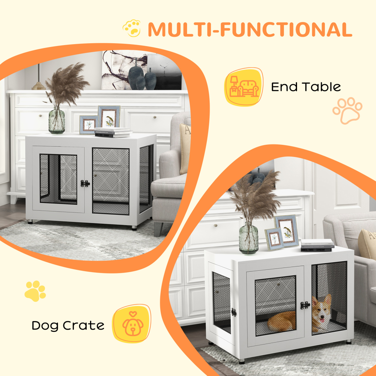 Two-Door Dog Kennel End Table with Plush Cushion for Large/Medium Dogs