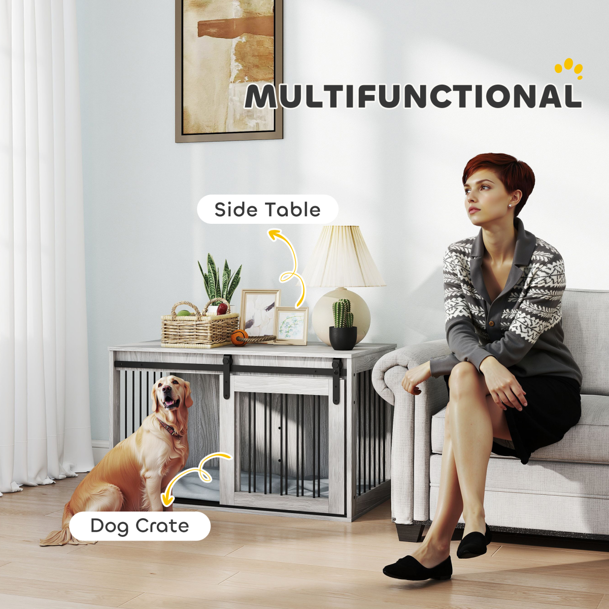 PawHut Large Dog Crate & Side Table with Removable Cushion - Grey