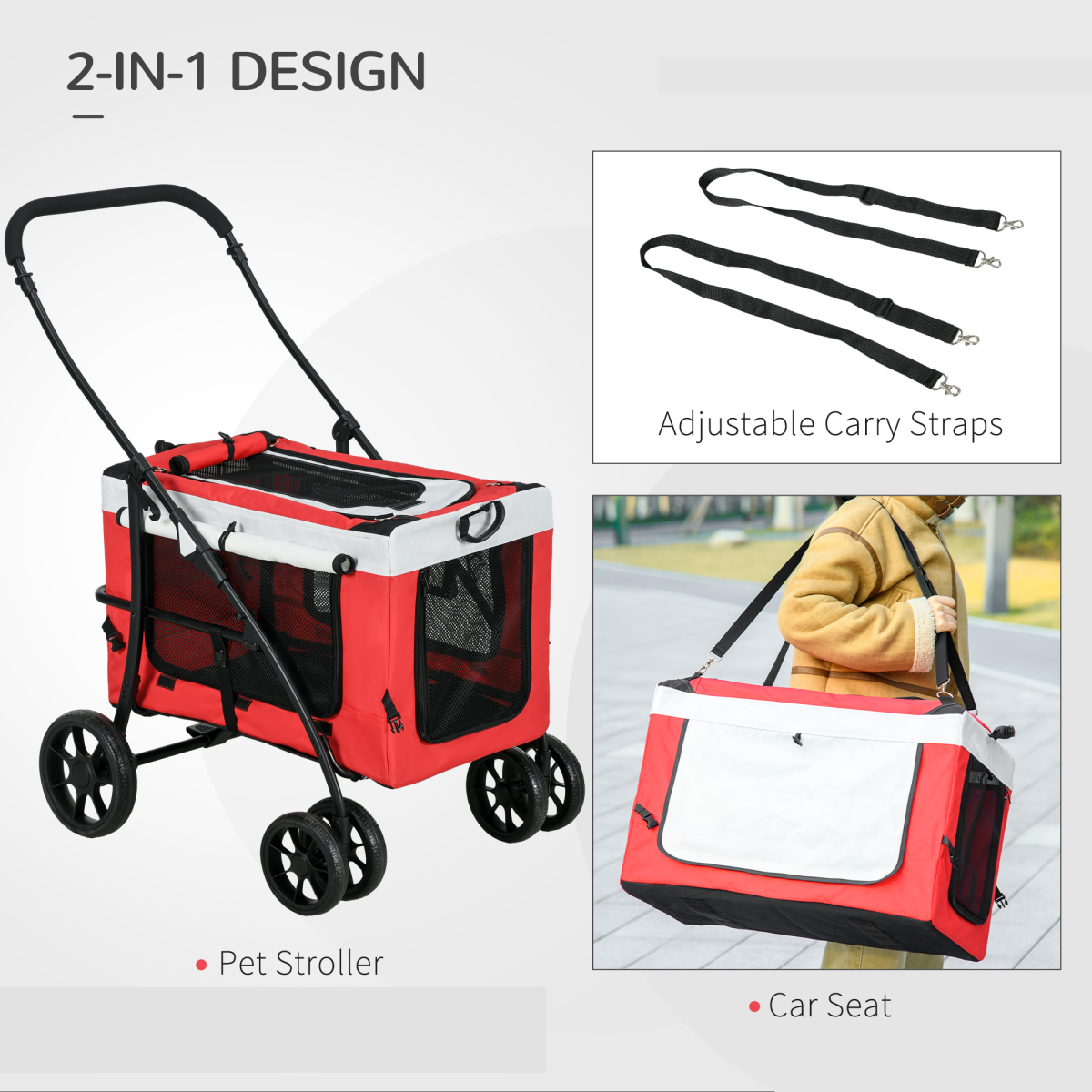 PawHut Foldable Pet Stroller with Detachable Carrier and Soft Padding - Red