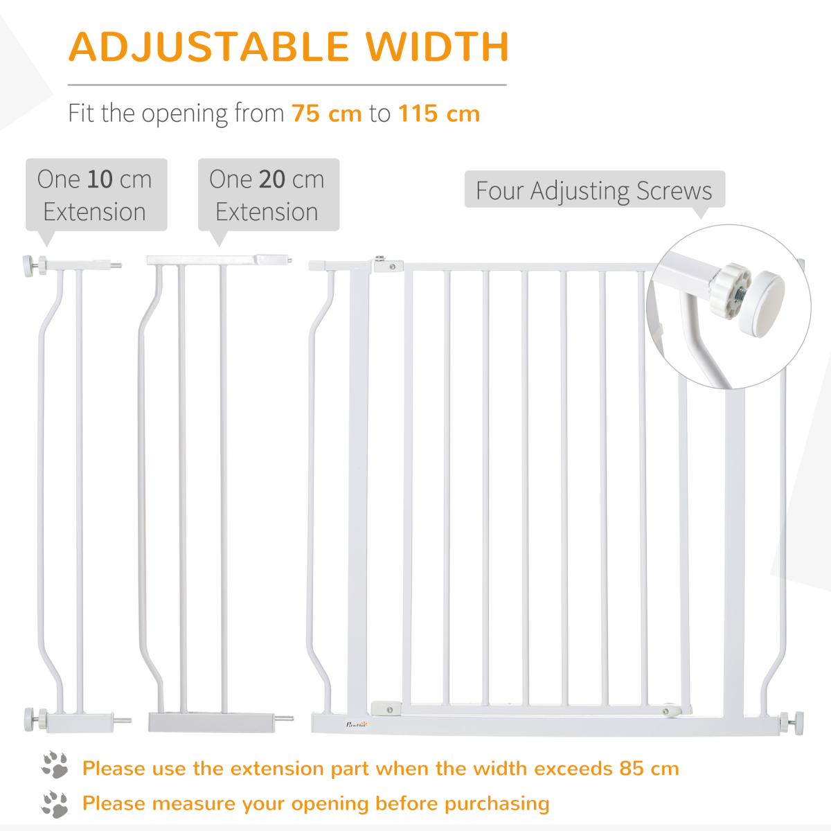 PawHut Adjustable Stair Gate, 75-115W cm, Door-Pressure Fit, White