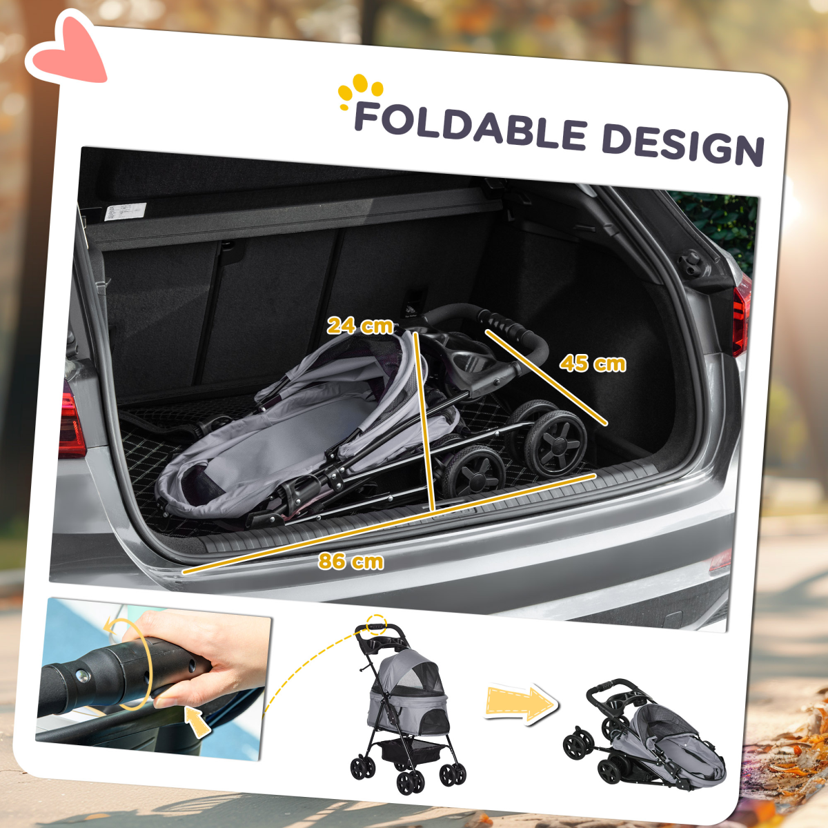 No-Zip Foldable Pet Stroller with Brake Basket, 360° Wheels, Adjustable Canopy