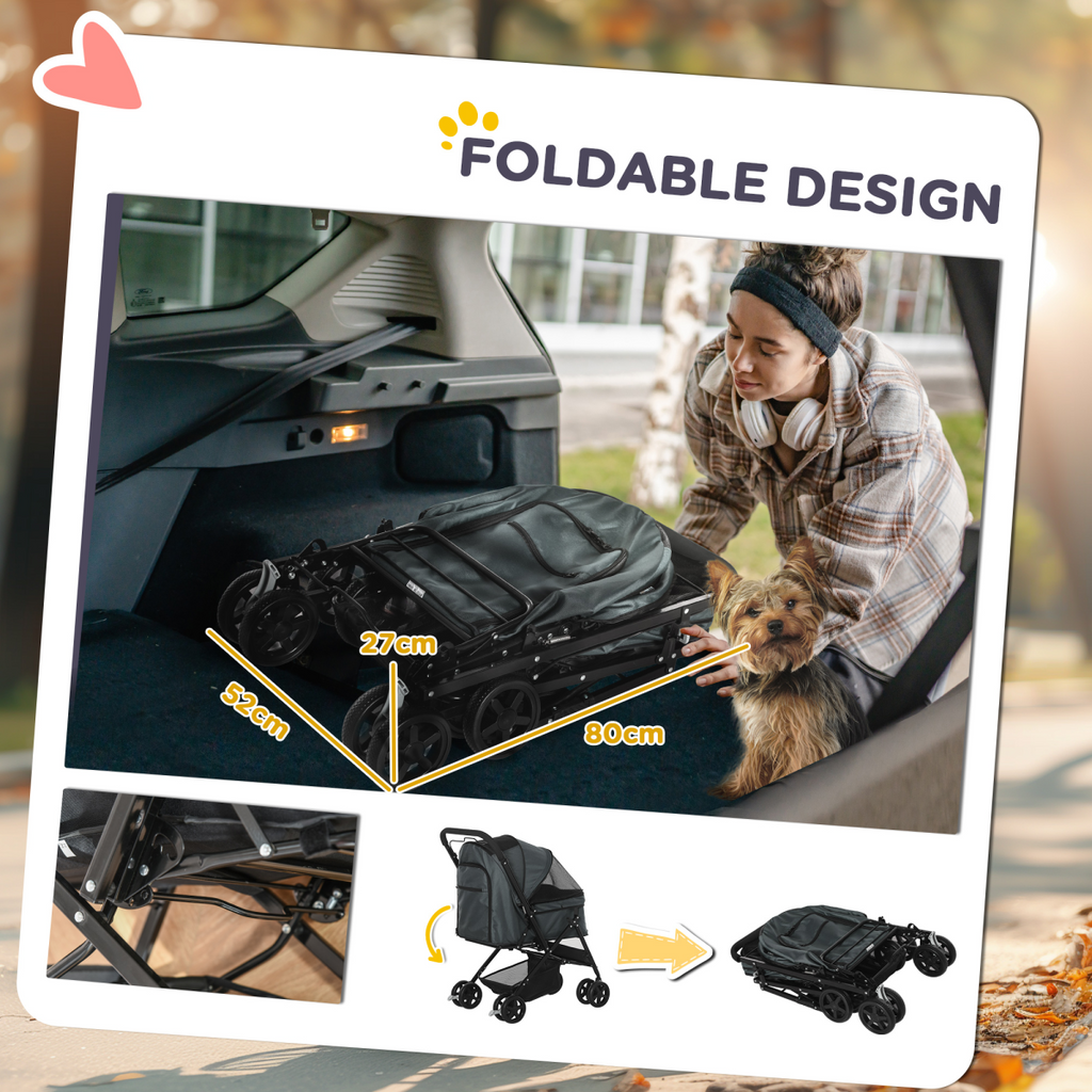 PawHut Foldable Pet Stroller with Reversible Handle - Grey