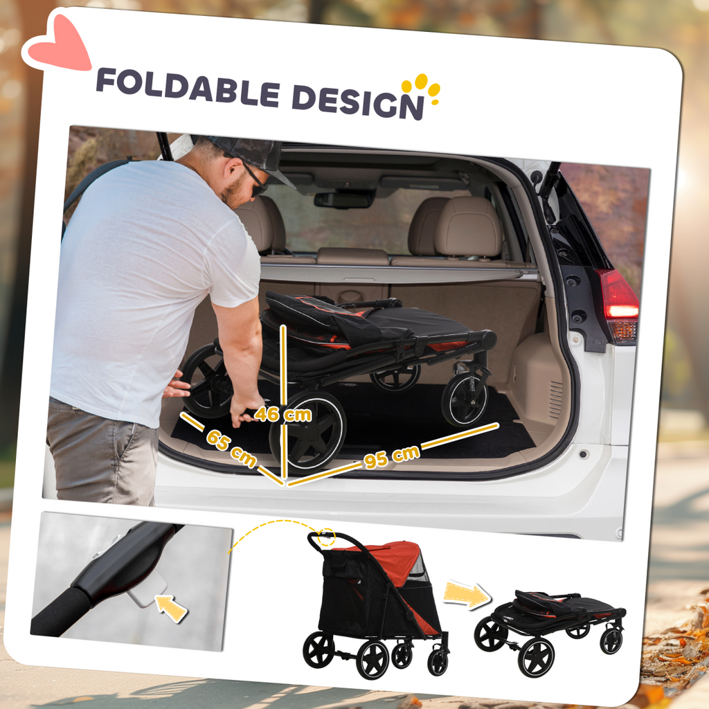 PawHut Foldable Dog Carriage with Universal Wheels and Shock Absorber - Red
