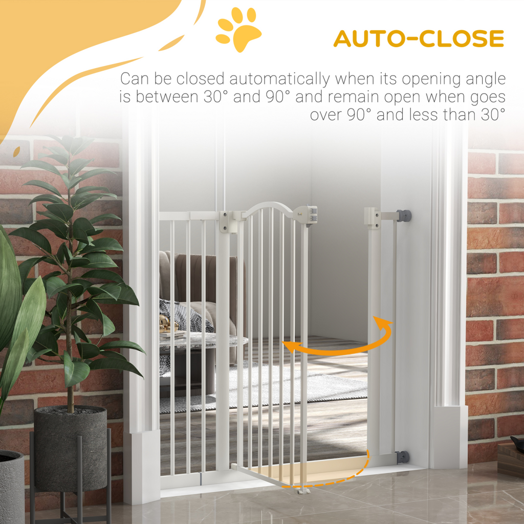 PawHut 74-94cm Auto-Close Metal Pet Gate with Double-Locking - White