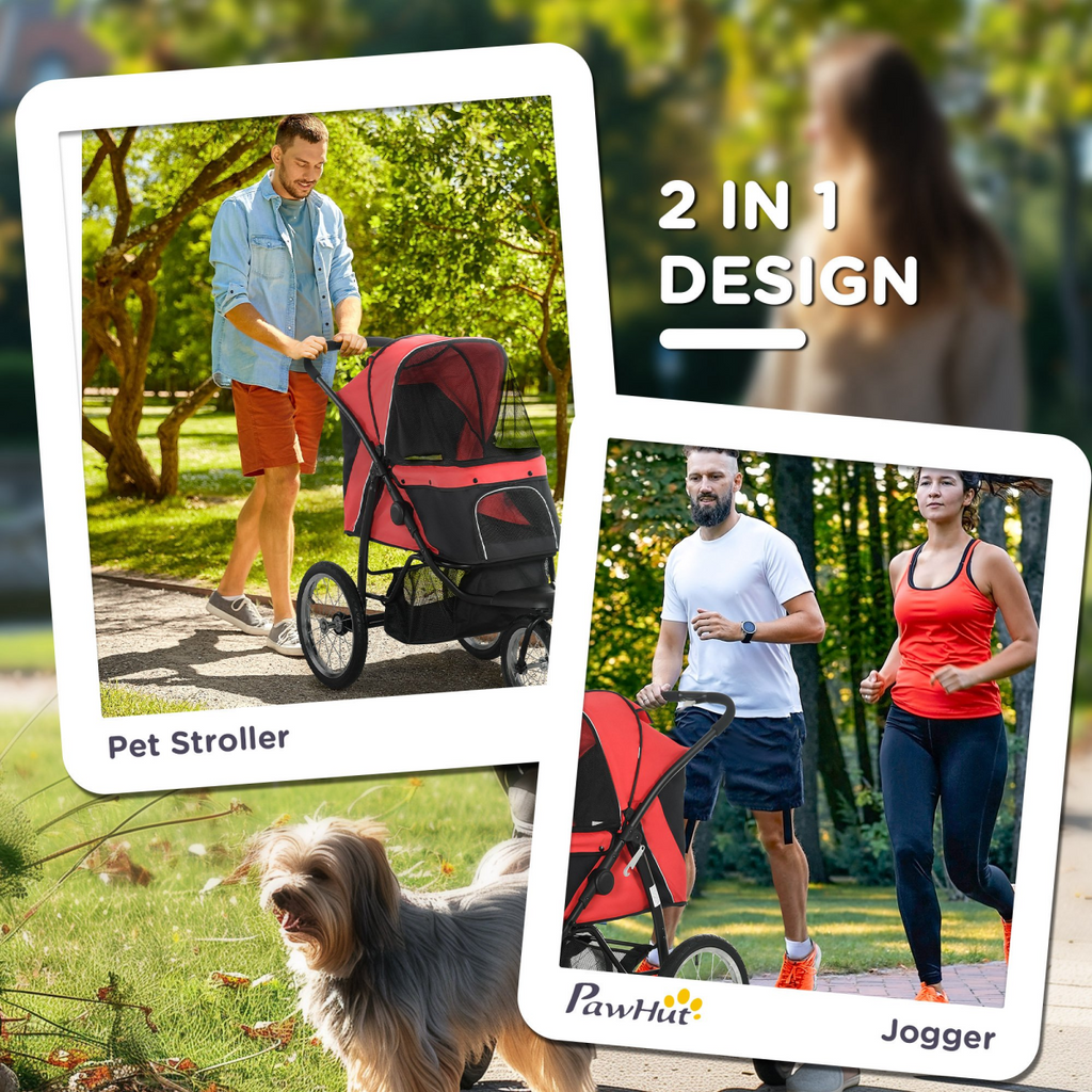 Foldable Pet Stroller Jogger w/ Canopy, Three Wheels, for Medium Dogs - Red