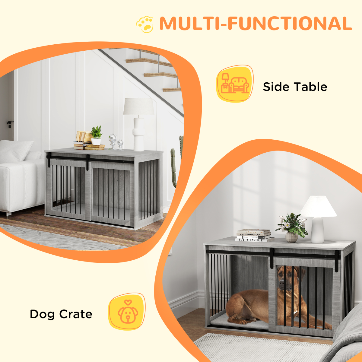 PawHut XL Dog Crate Furniture with Removable Cushion - Grey