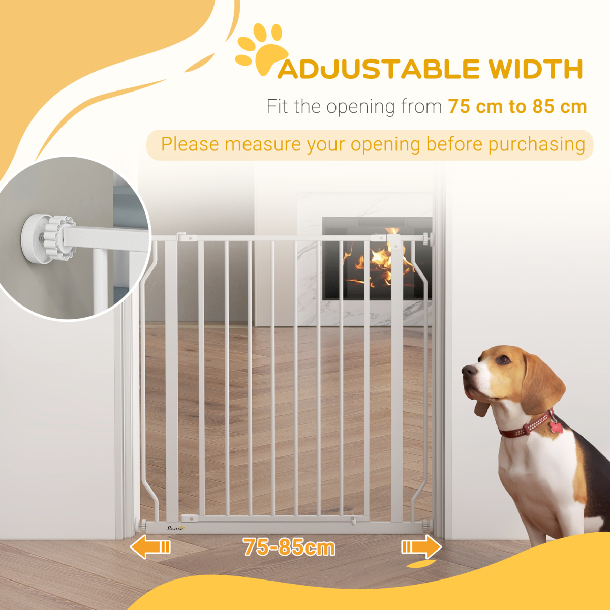 PawHut Wide Stair Gate with Door, Pressure-Fit, 75-85cm, White