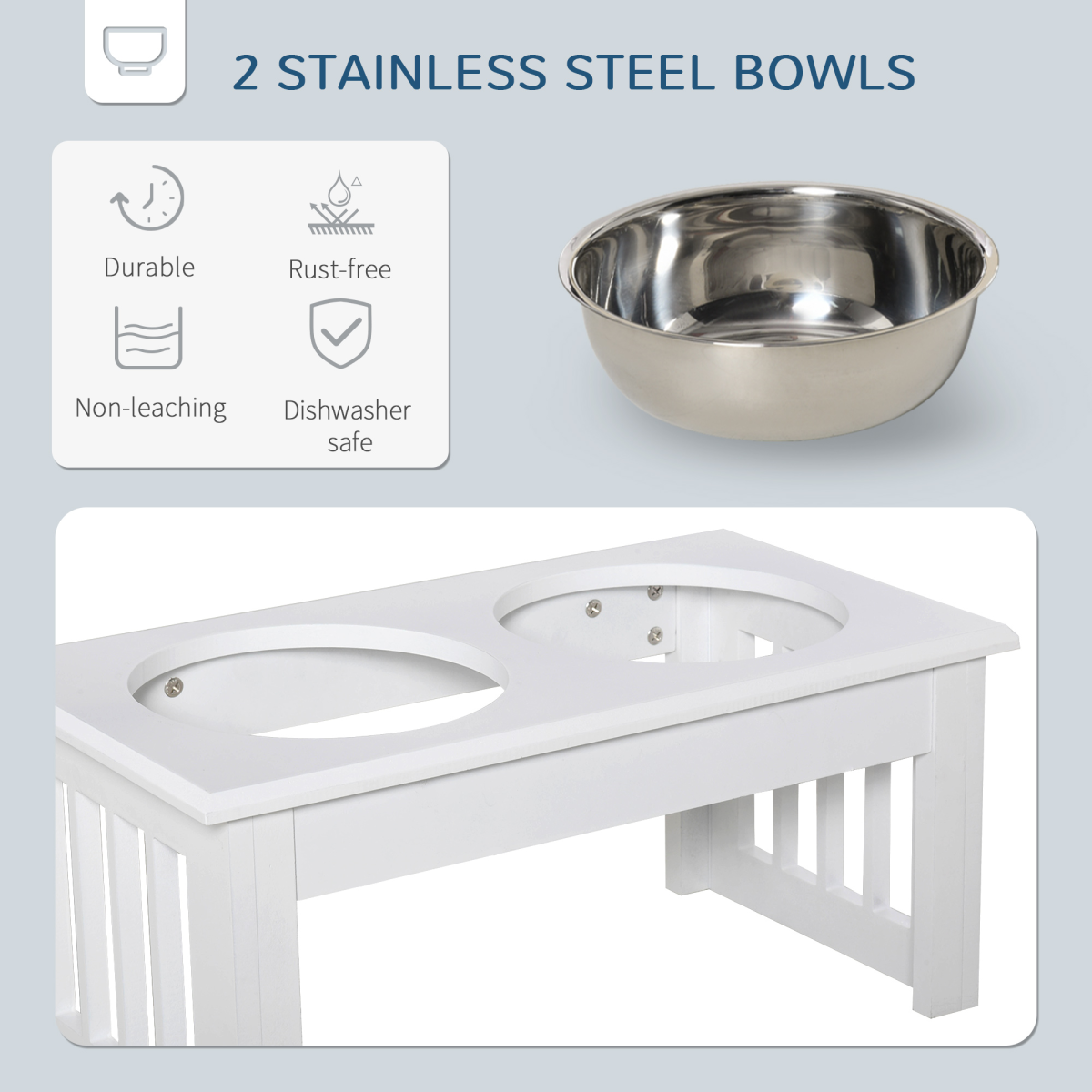 Pet Feeder Raised Stainless Steel Bowls Stand - Food & Water (White, Small)
