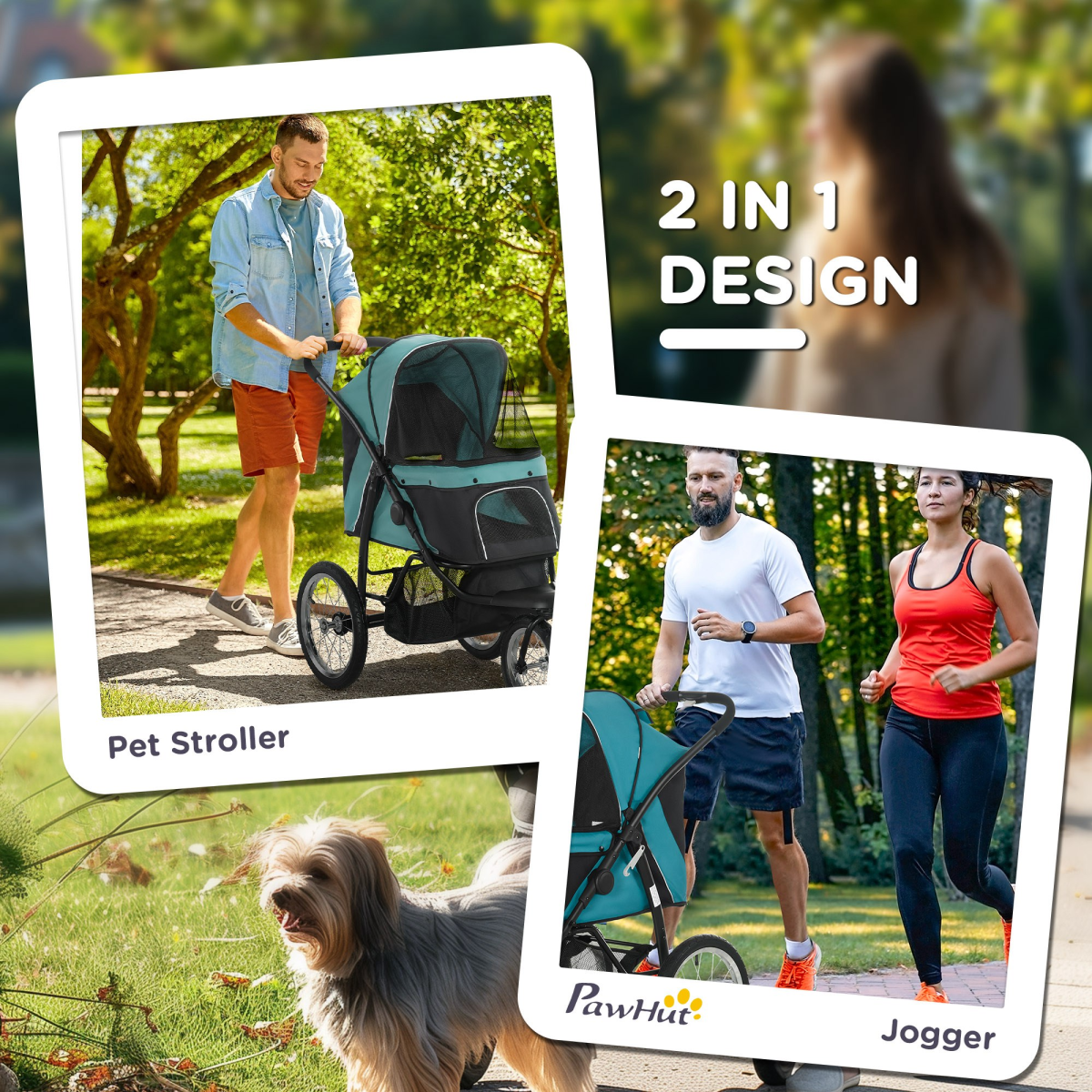 PawHut 3-Wheel Pet Stroller - Foldable, Green, for Small & Medium Dogs