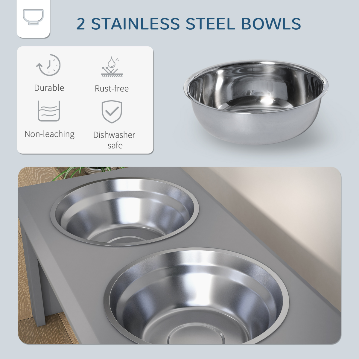 PawHut Elevated Stainless Steel Dog Bowl Feeder - Anti-Slip Grey