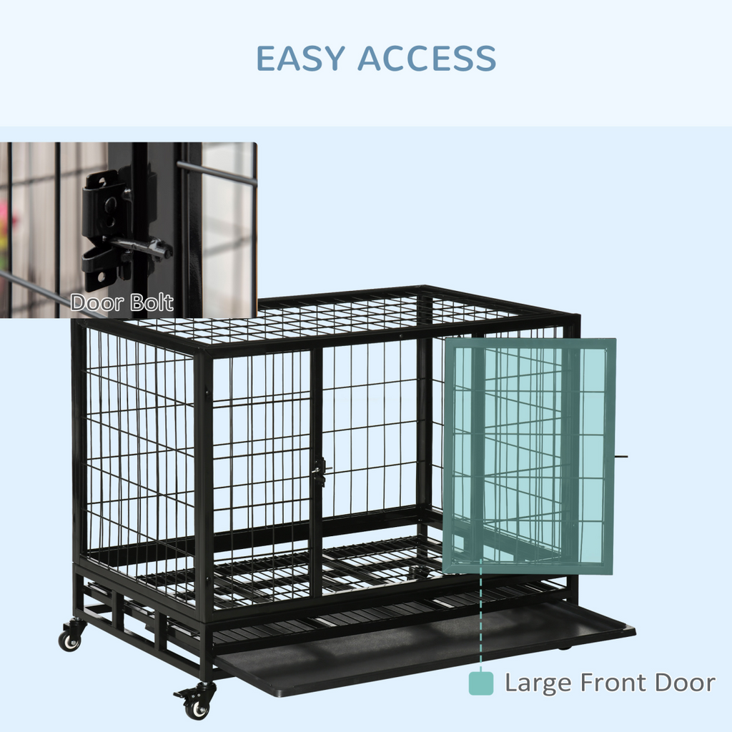 Heavy-Duty Metal Dog Kennel with Wheels & Tray - Black, Size M/L