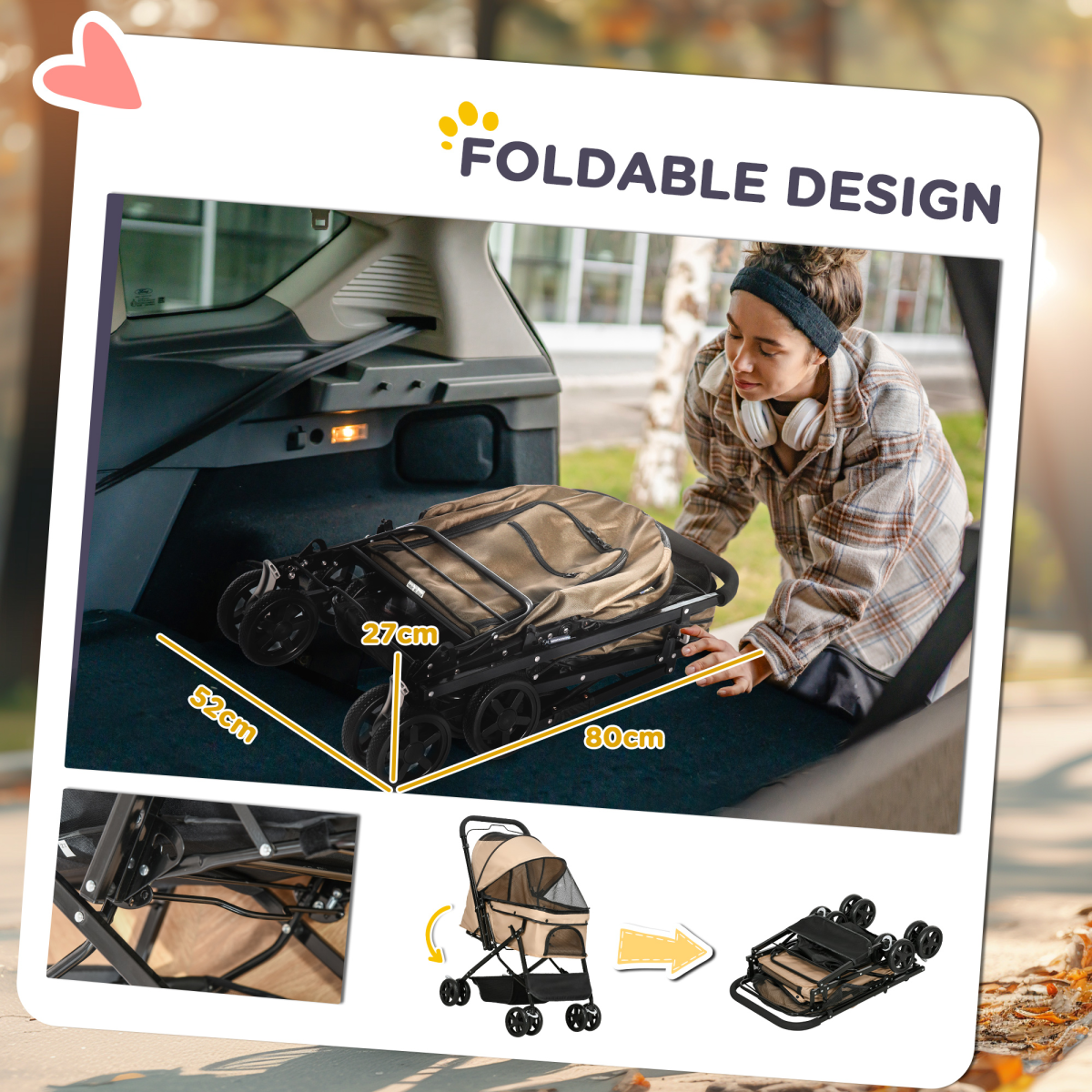 Foldable Pet Stroller for Small Dogs — Reversible Handle, Brown