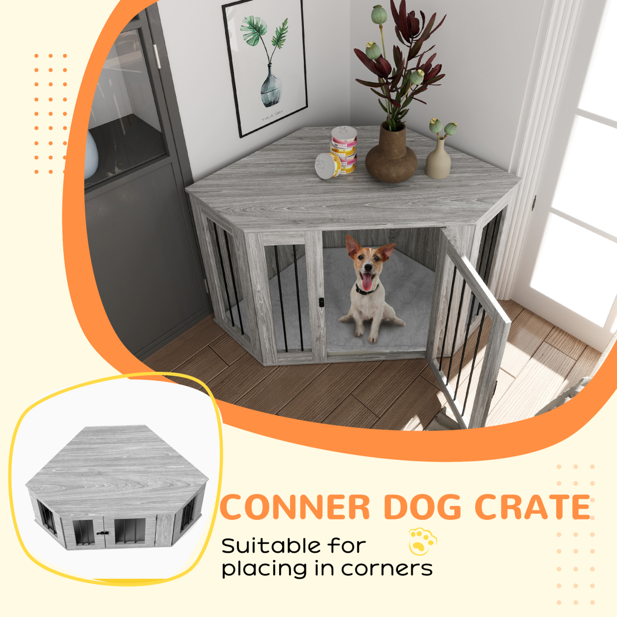 PawHut Large Dog Crate Furniture with Cushion & Door - Grey