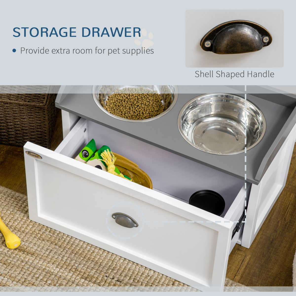 Elevated Pet Feeder with 21L Drawer Storage - For Large Dogs & Cats, White