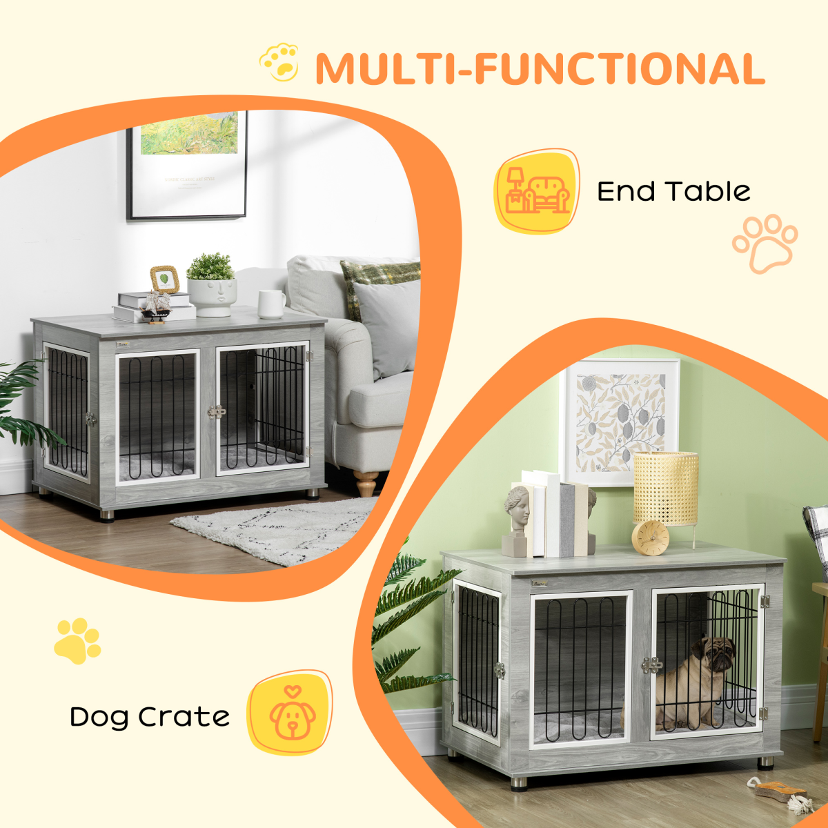 PawHut Dog Crate End Table with Soft Cushion and Double Doors