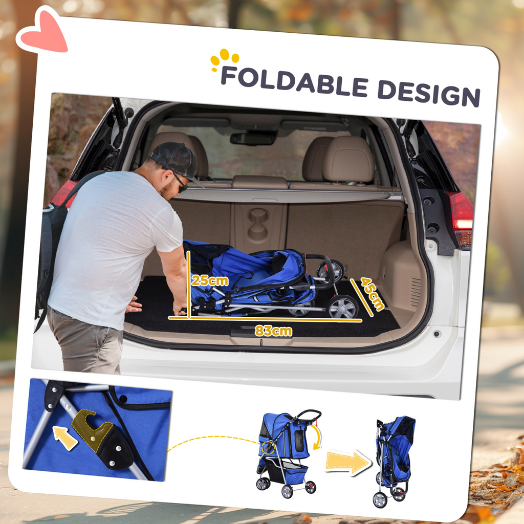 Pet Stroller Pushchair Carrier, 3-Wheel Blue Pawhut for Cats & Small Dogs