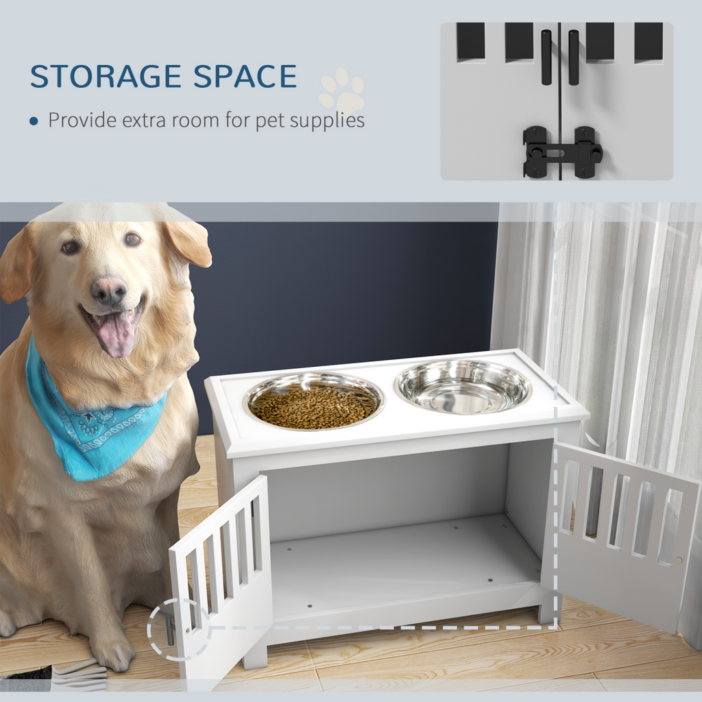 PawHut Raised 2-Bowl Dog Feeding Station for Large Dogs with Storage - White